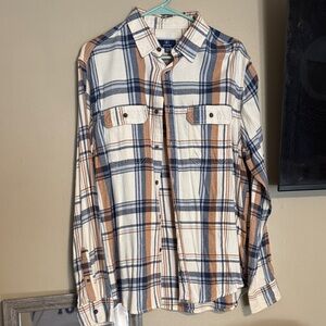 George Men's Casual Button Down Shirt - Blue and Orange Plaid